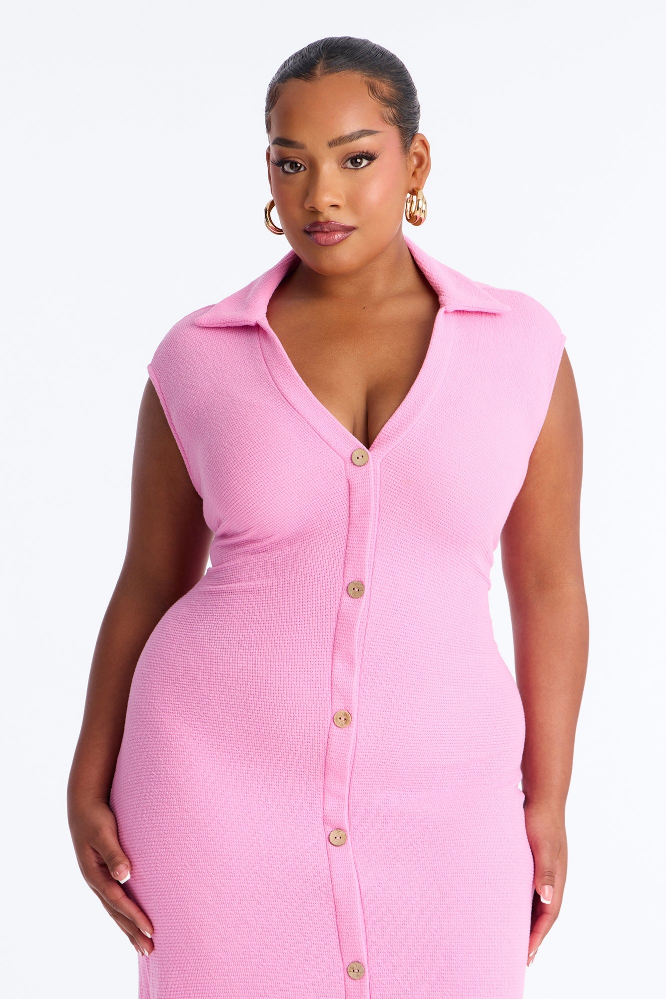 Edith Button Up Sweater Midi Dress - Pink