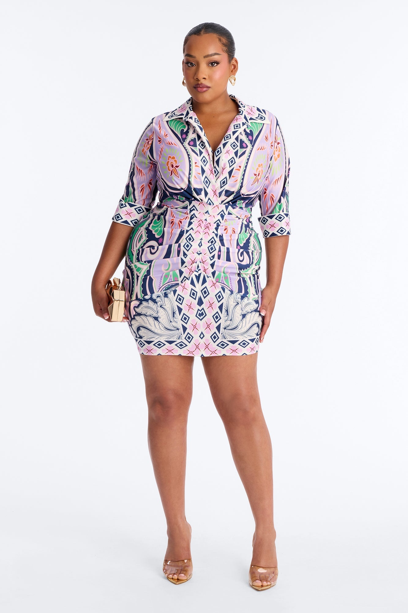 Delphine Ruched Printed Mini Dress - Purple/combo Fashion Nova