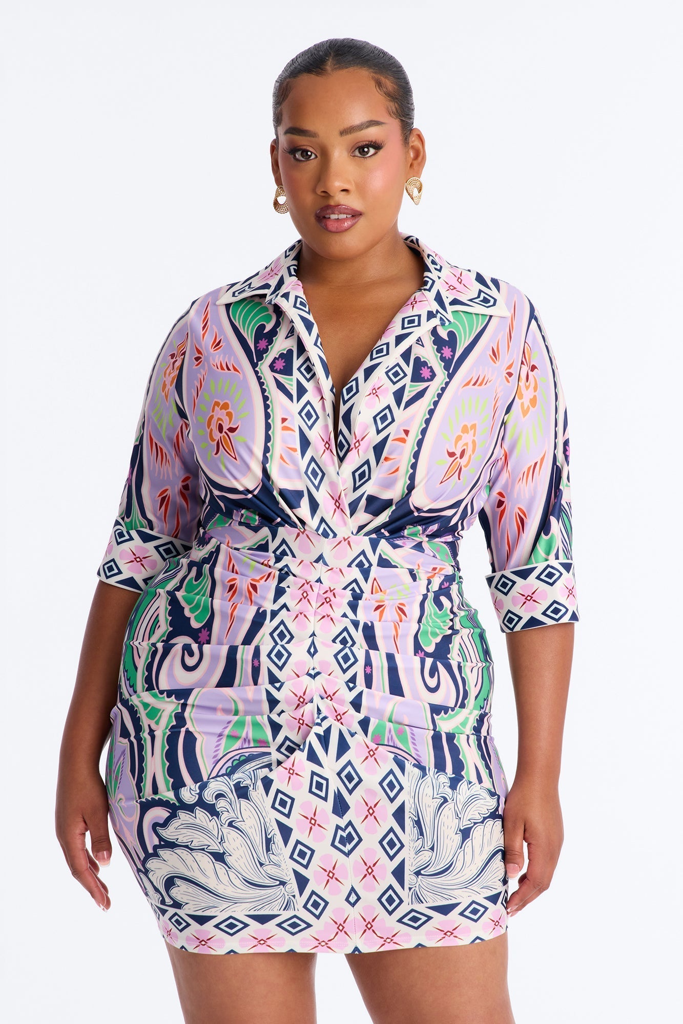 Delphine Ruched Printed Mini Dress - Purple/combo Fashion Nova