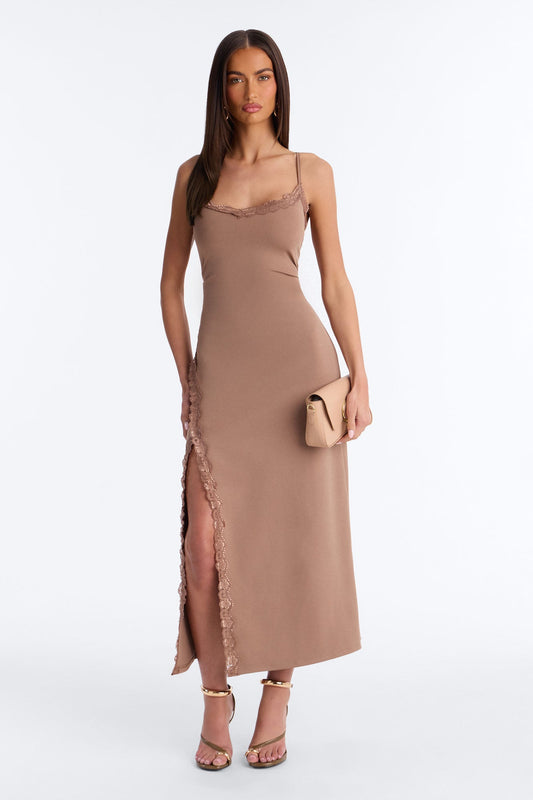 Mariana Lace Trim Midi Dress - Mocha