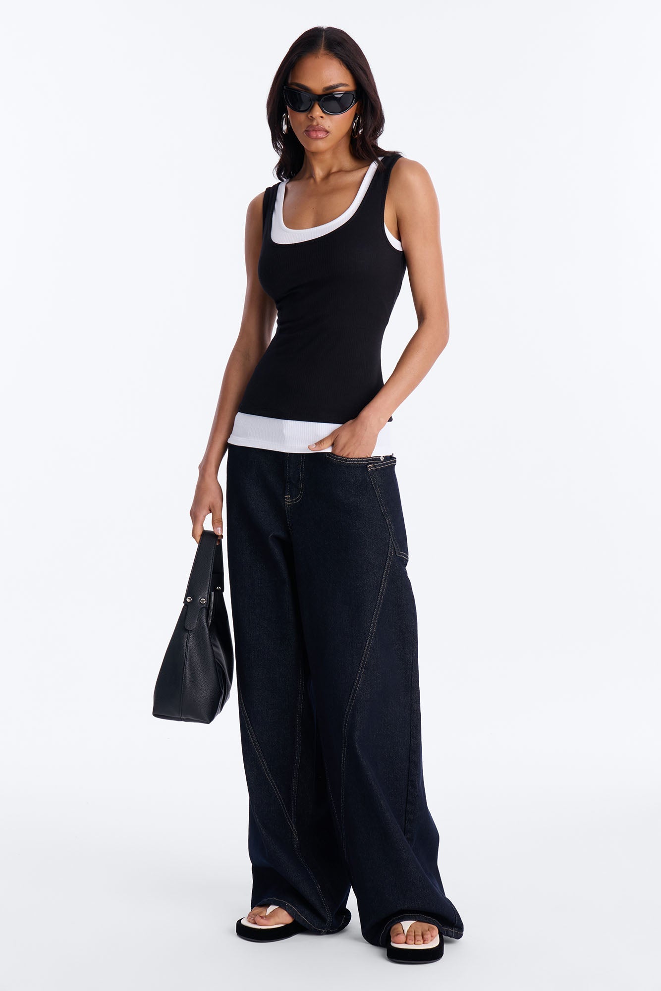 Ashlee Ribbed Layered Off Shoulder Tank Top - Black/White