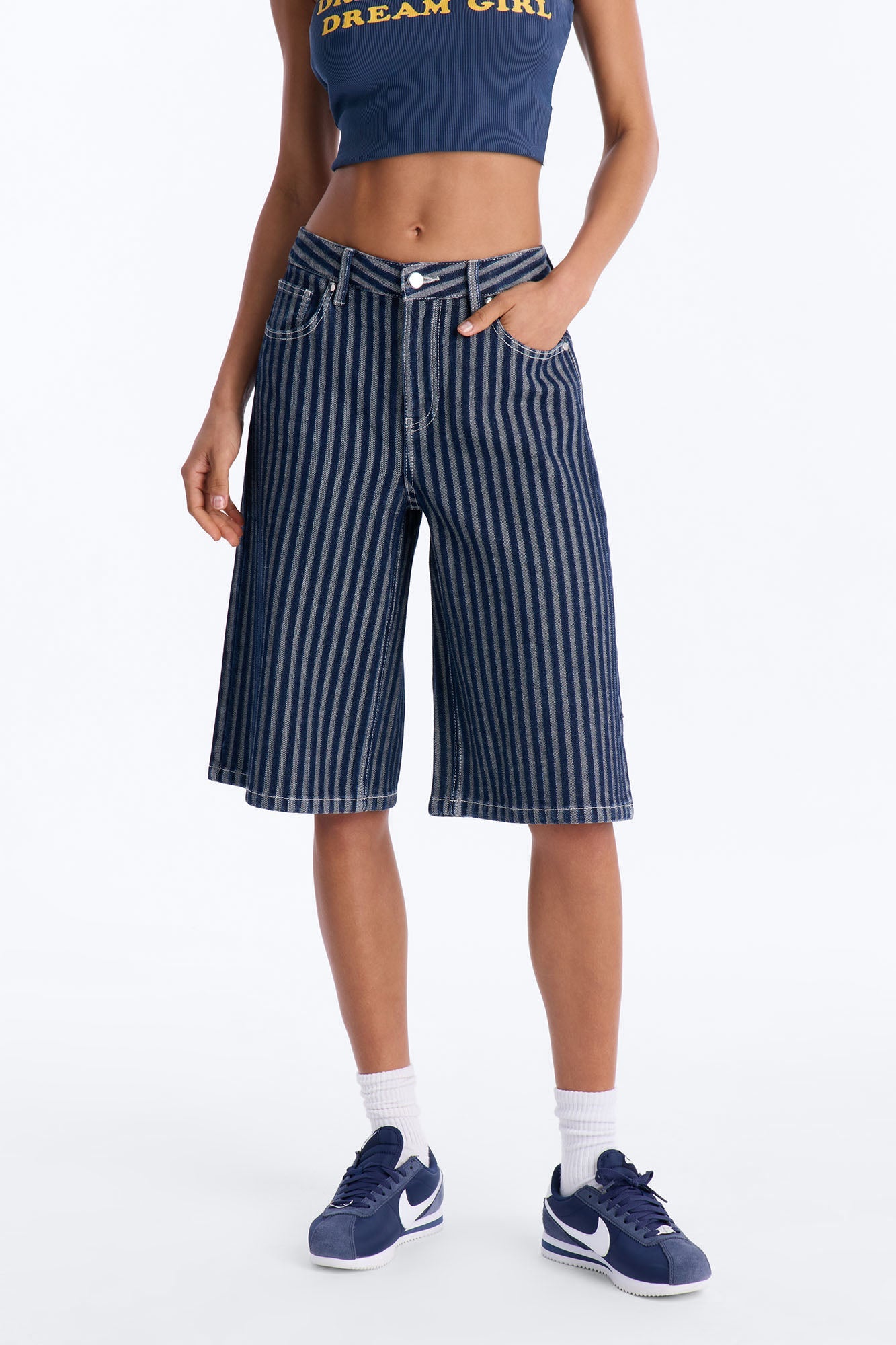 Grand Finish Striped Denim Jorts - Dark Wash