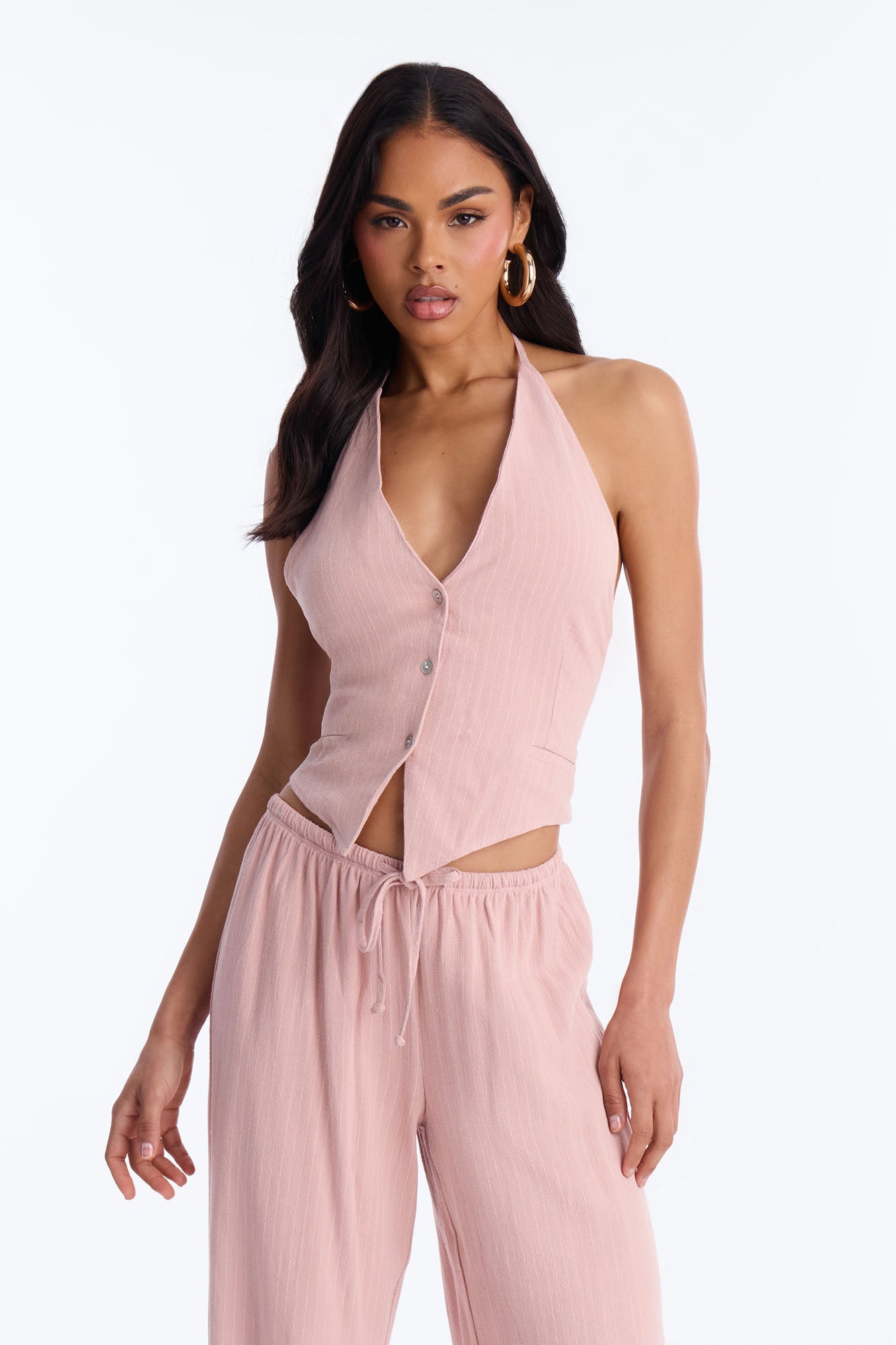 Girl Gone Wild Pinstripe Linen Halter Top - Blush