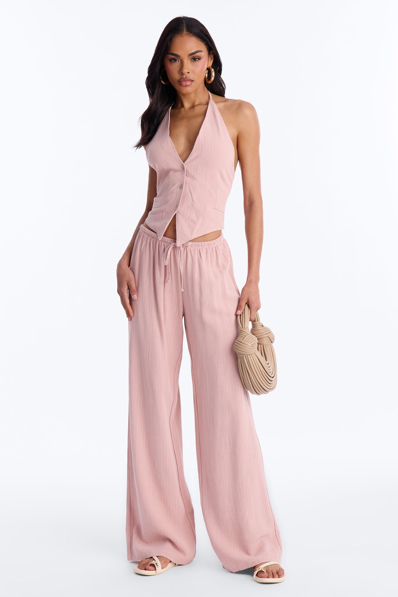 Girl Gone Wild Pinstripe Low Rise Wide Leg Pant 30″ - Blush