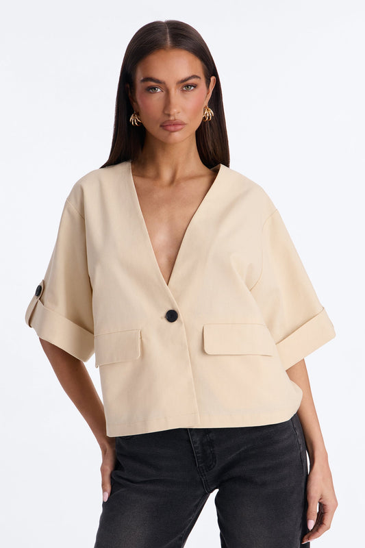 Ready When You Are Cuffed Linen Top - Beige