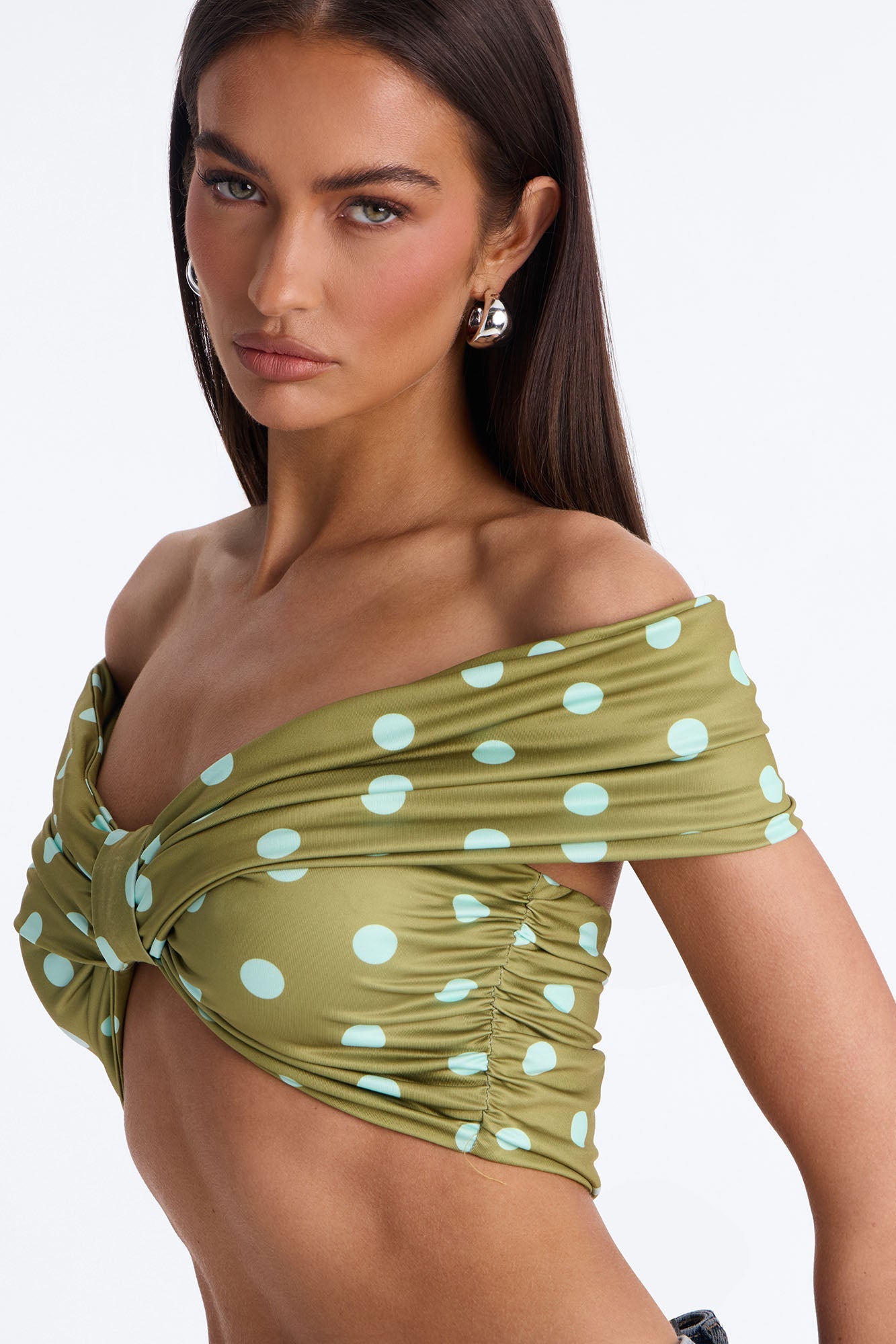 Nina Off Shoulder Ruched Polka Dot Crop Top - Olive/combo