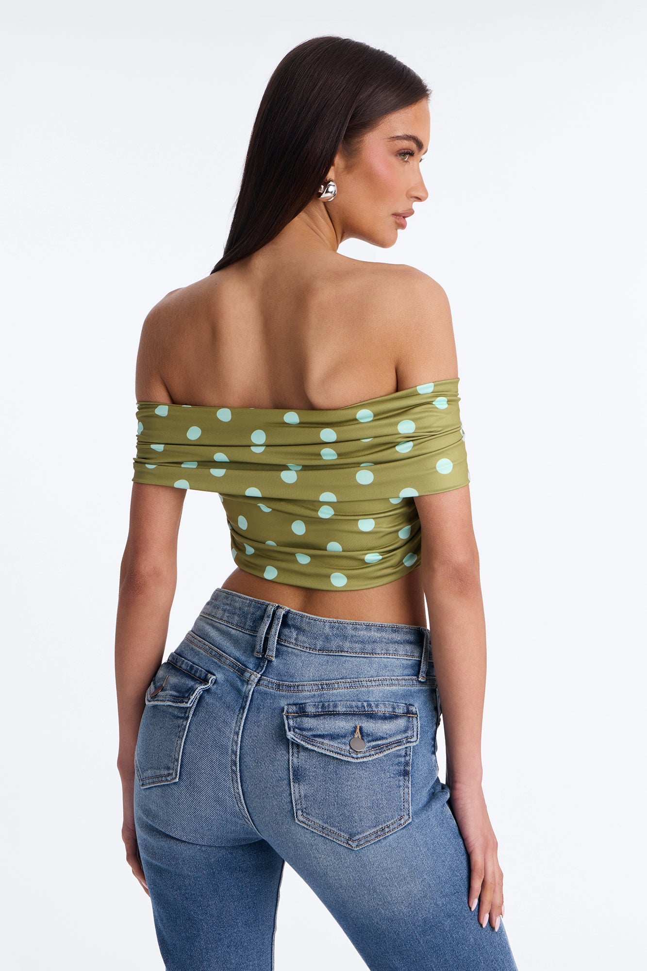 Nina Off Shoulder Ruched Polka Dot Crop Top - Olive/combo