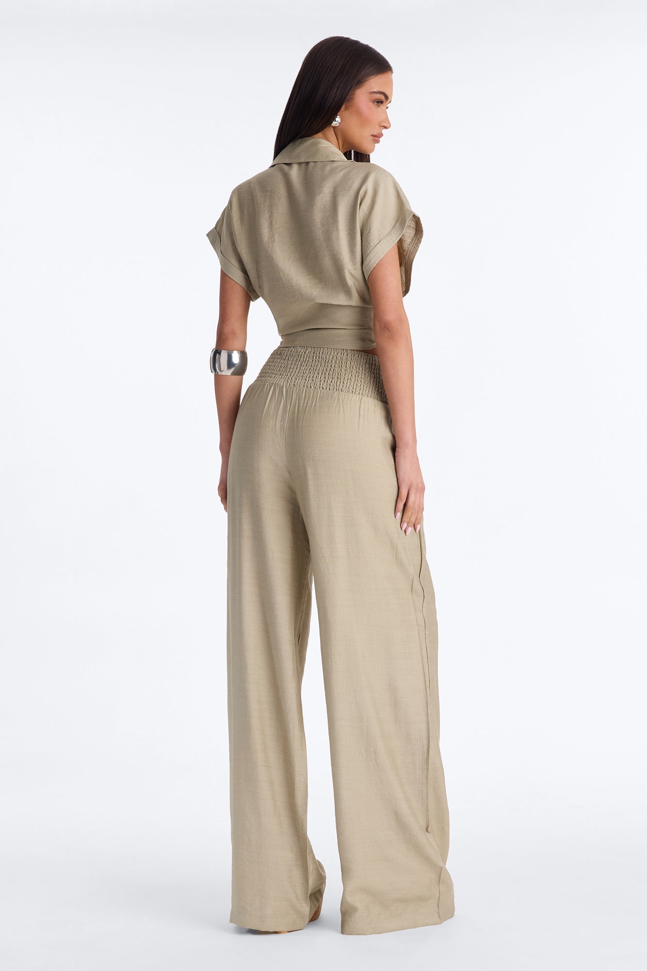 Elena Linen Wide Leg Pant Set - Olive
