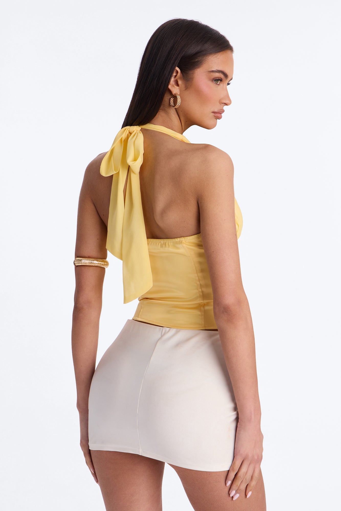 All Eyes Here Tie Neck Satin Halter Top - Yellow