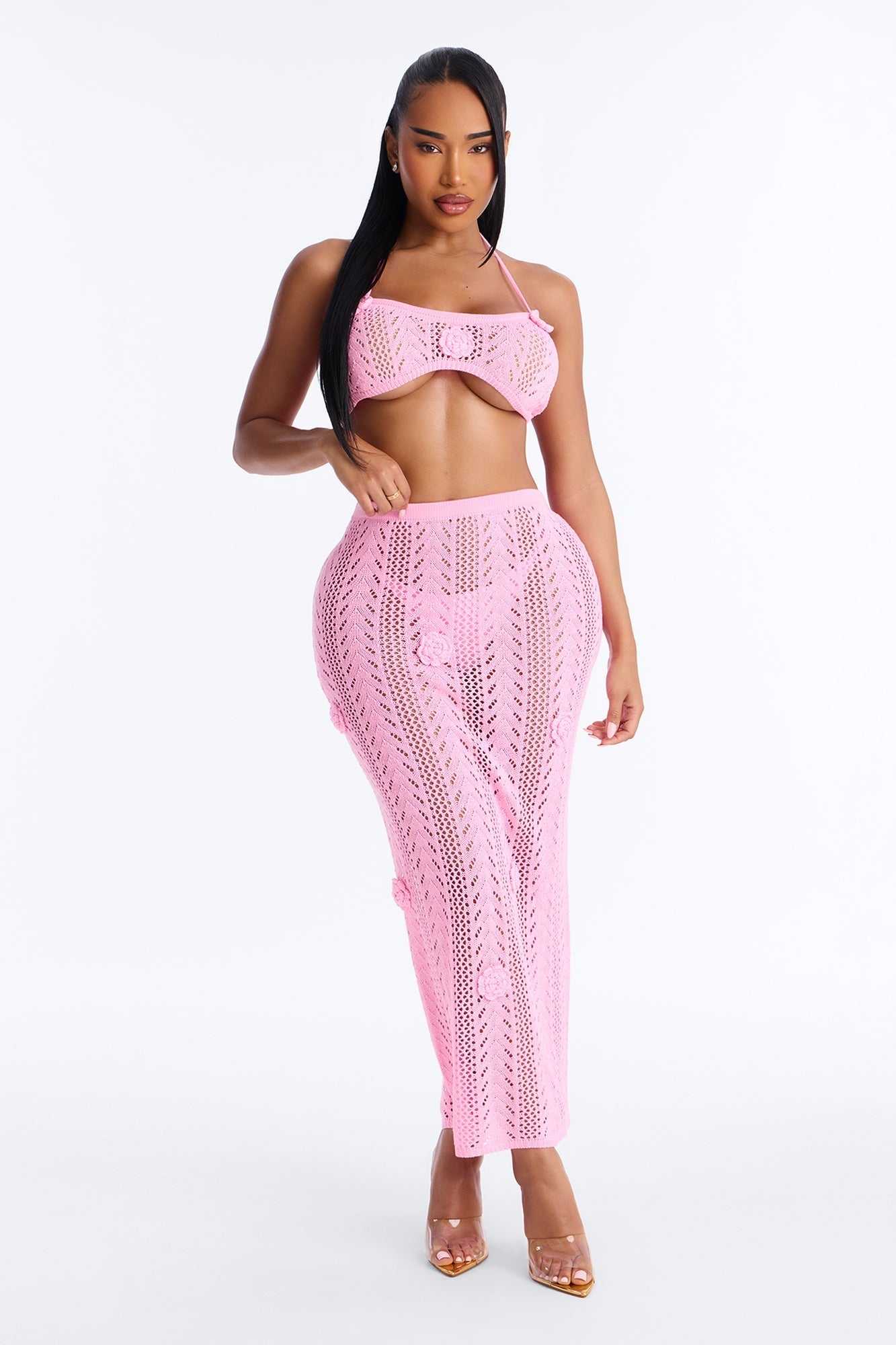 Seas The Bloom 3 Piece Floral Swim Crochet Cover Up Skirt Set - Pink
