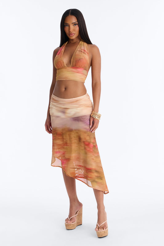 Evalie Mesh Halter Skirt Set - Mustard/combo