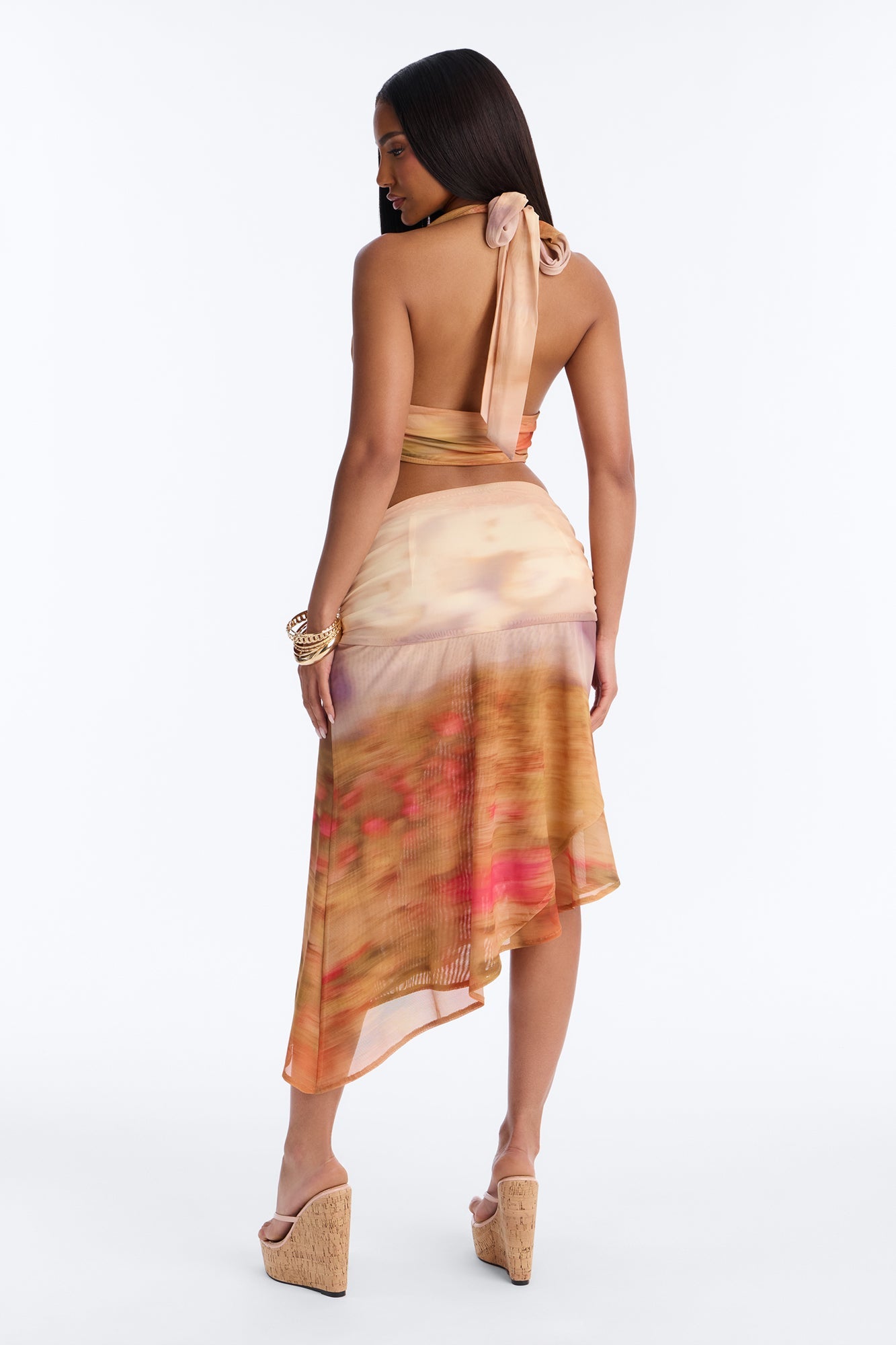 Evalie Mesh Halter Skirt Set - Mustard/combo