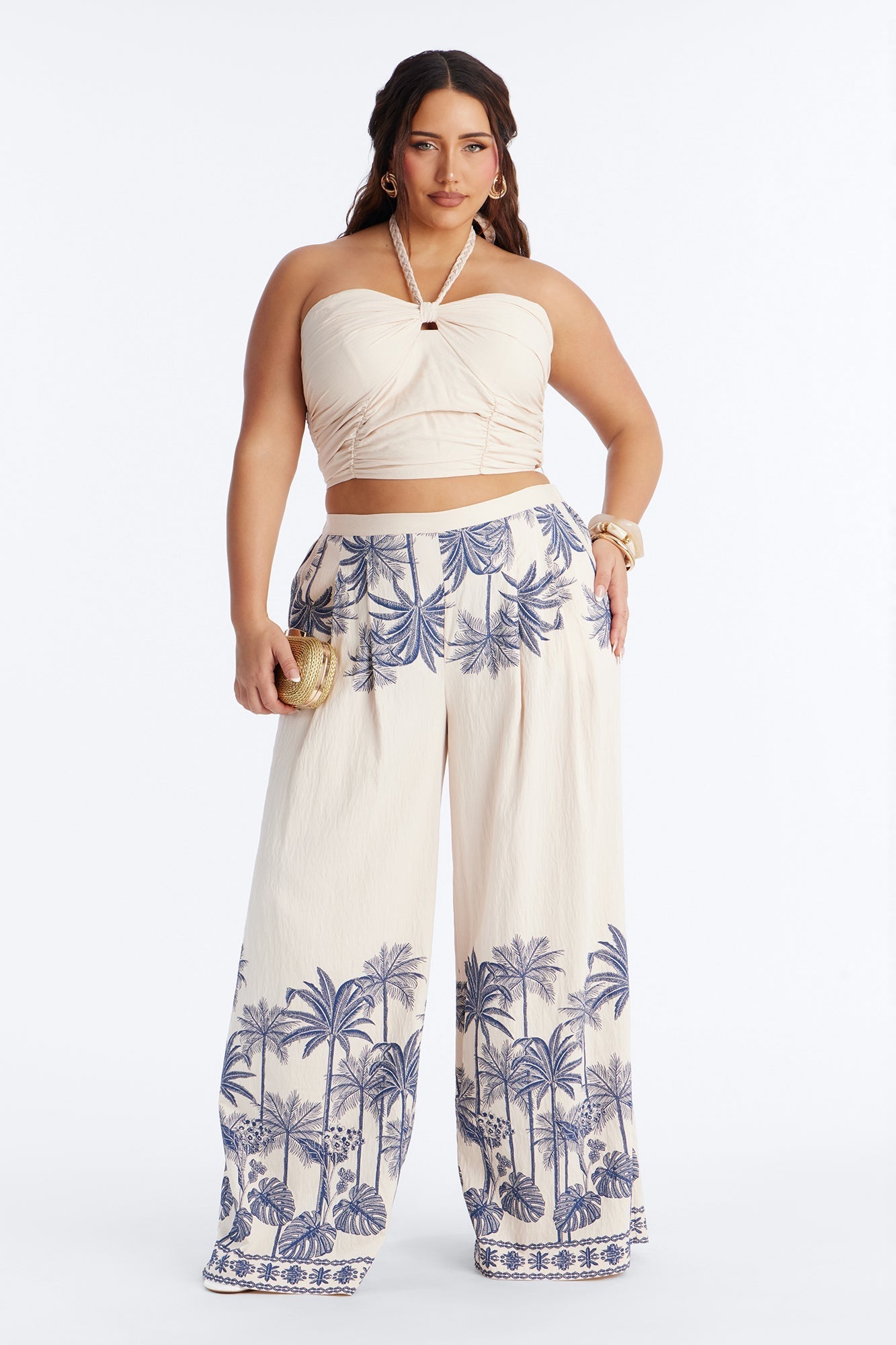 Island Babe Linen Halter Pant Set - Taupe/combo Fashion Nova