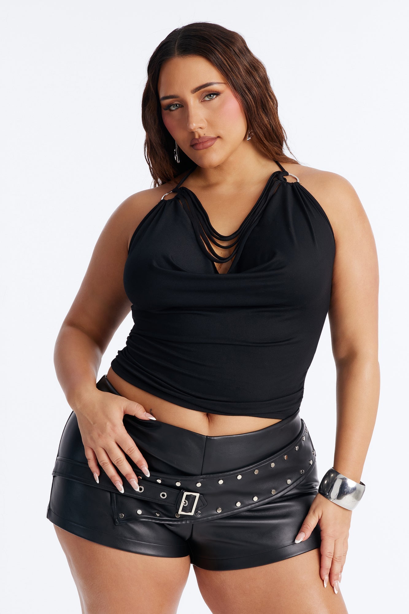 Party All Night Fringe Cowl Neck Halter Top - Black Fashion Nova