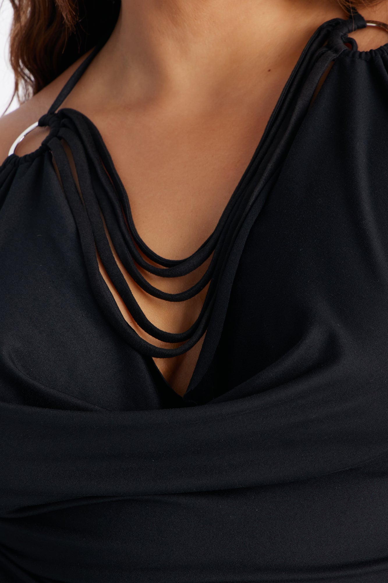 Party All Night Fringe Cowl Neck Halter Top - Black Fashion Nova