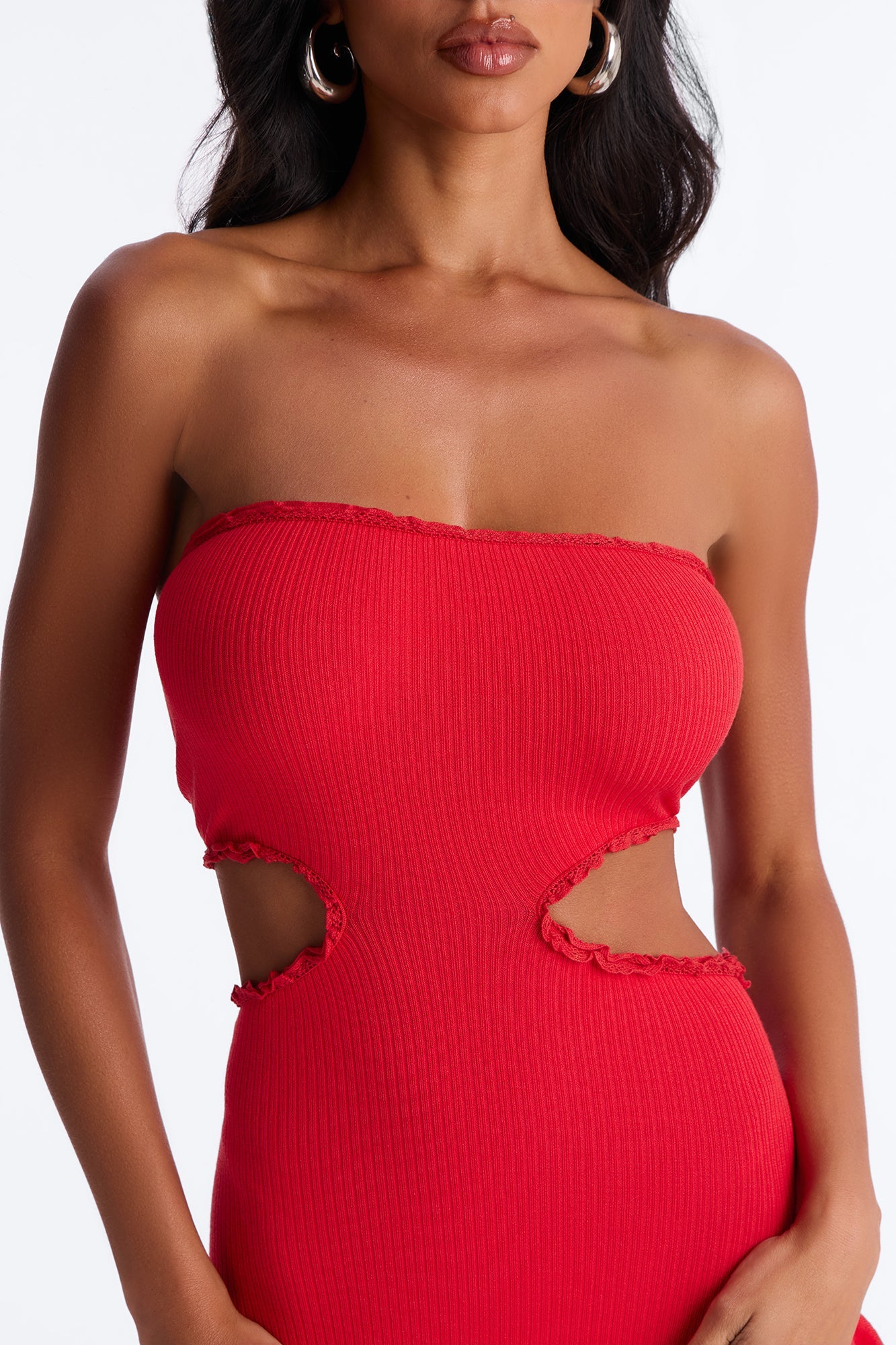 Baddie Behavior Ruffle Ribbed Maxi Dress - Red