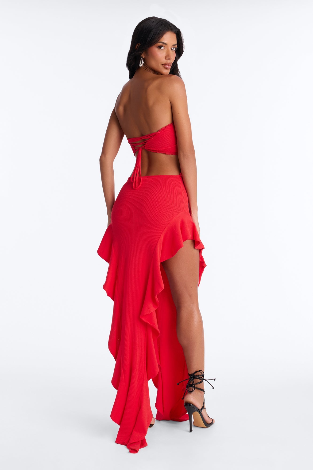 Baddie Behavior Ruffle Ribbed Maxi Dress - Red