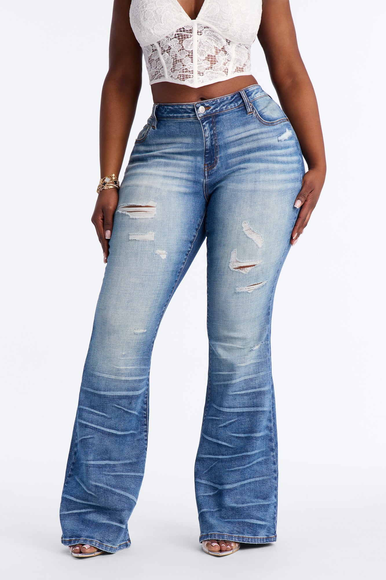 Final Call Premium Ripped Bell Bottom Jeans - Medium Wash