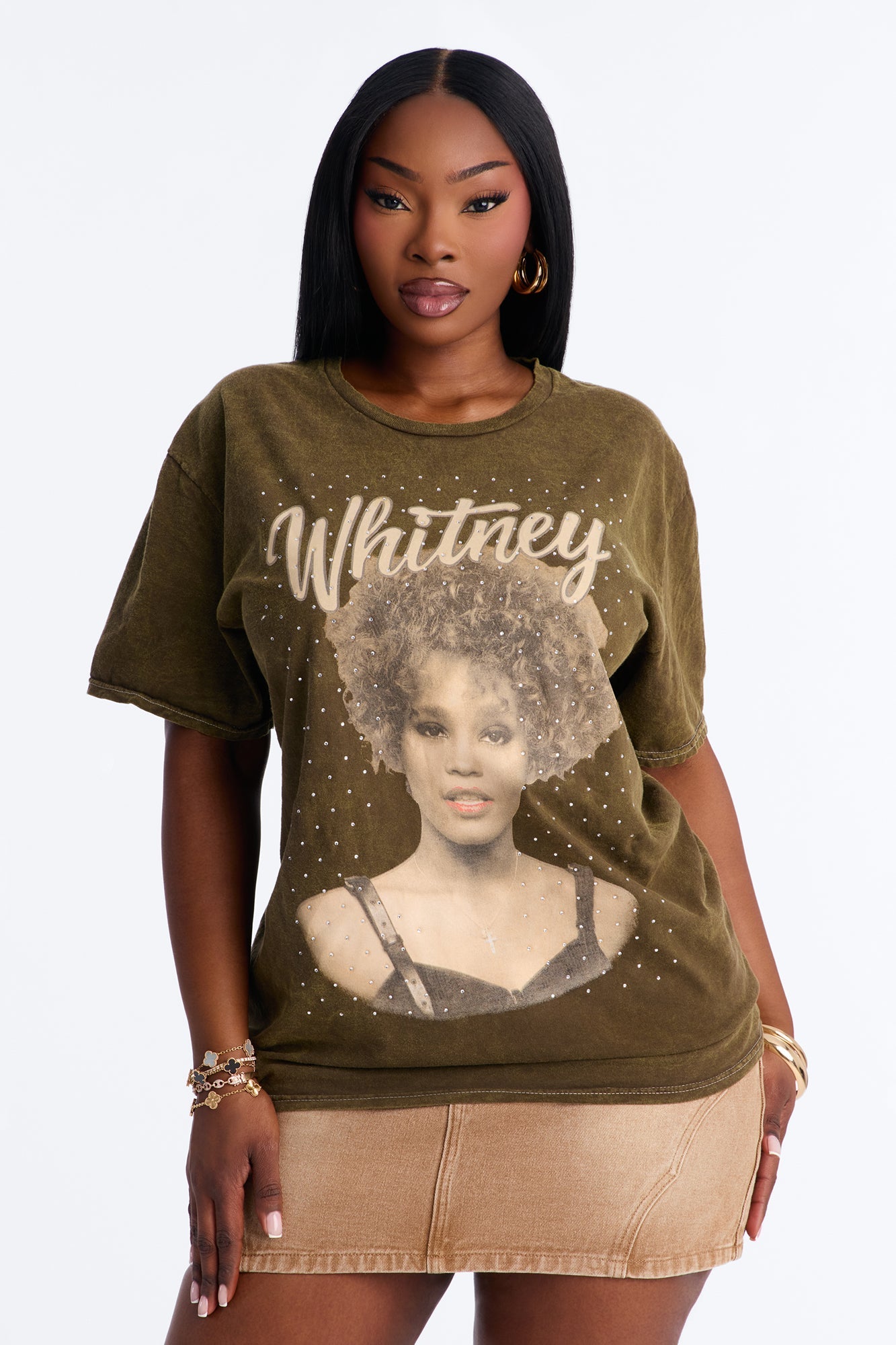 Whitney Washed Tee With Rhinestones - Brown