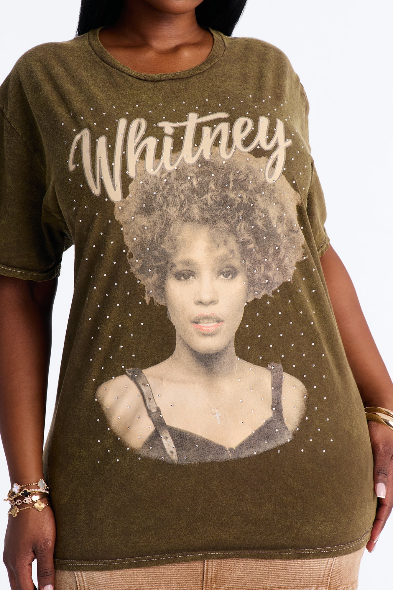 Whitney Washed Tee With Rhinestones - Brown