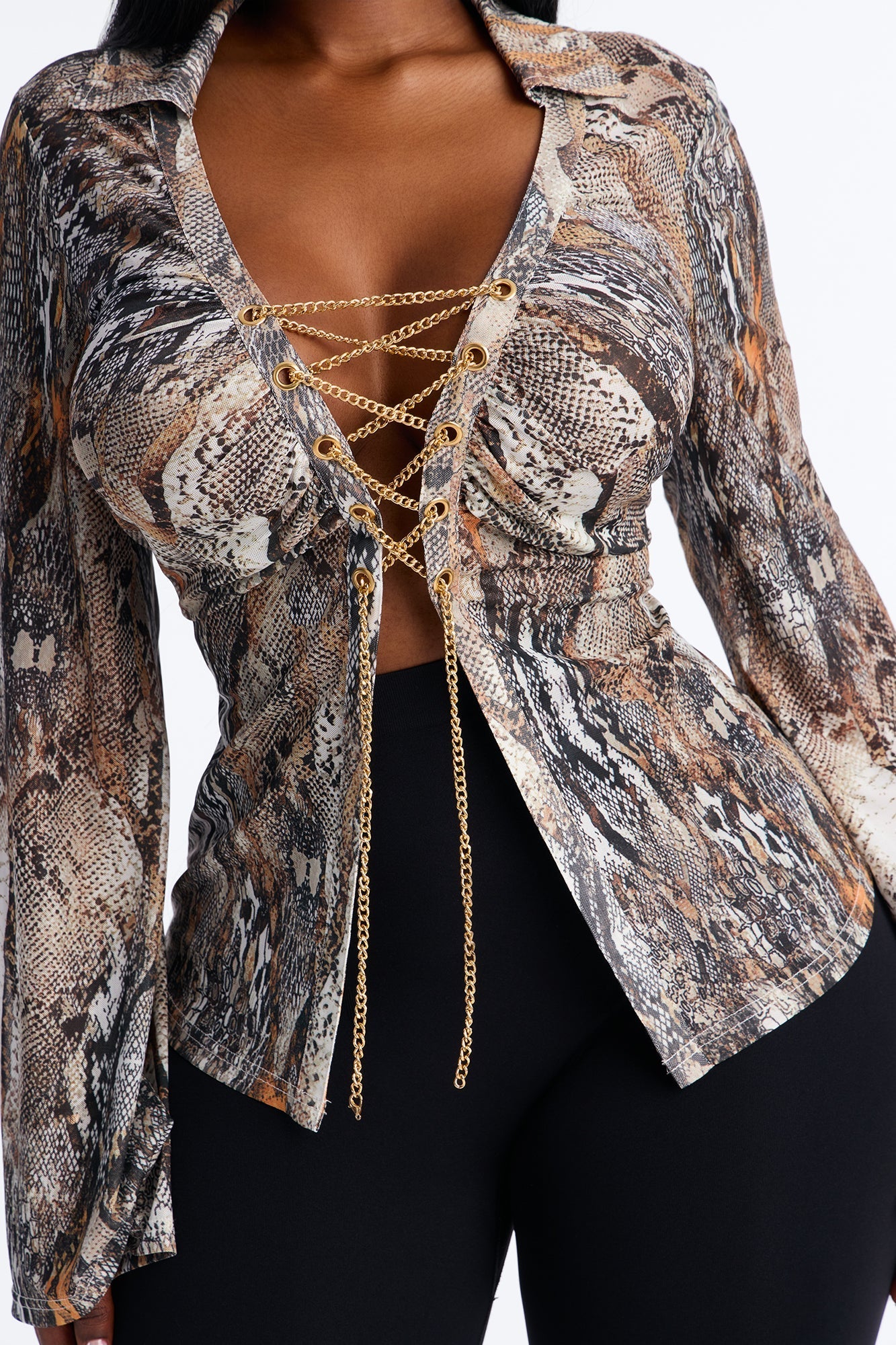 Forbidden Snake Lace Up Mesh Top - Brown/combo Fashion Nova