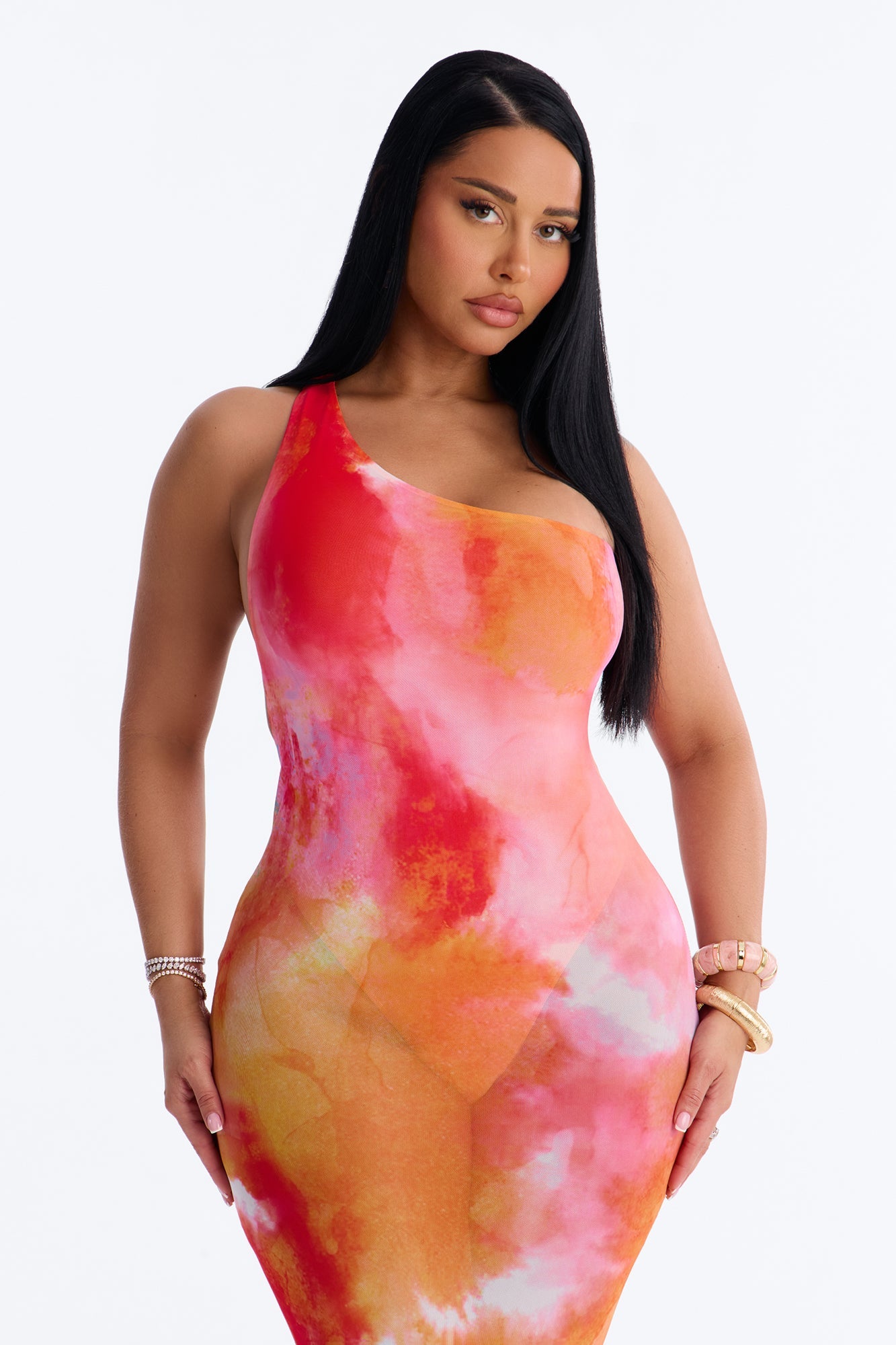 Macy One Shoulder Sheer Maxi Dress - Orange/combo