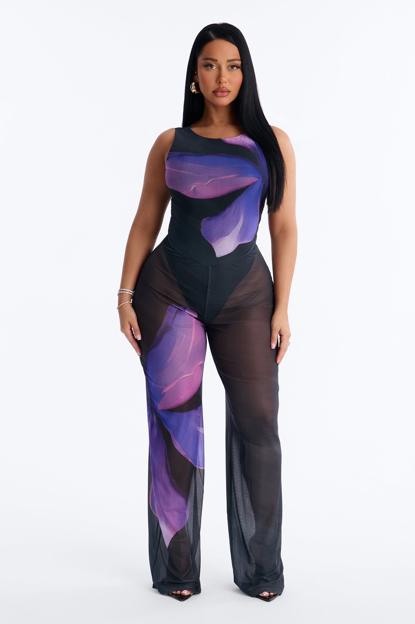Yara Backless Mesh Jumpsuit - Purple
