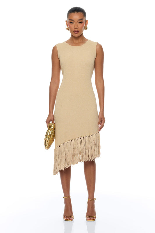 Mariah Fringe Metallic Knit Midi Dress - Gold