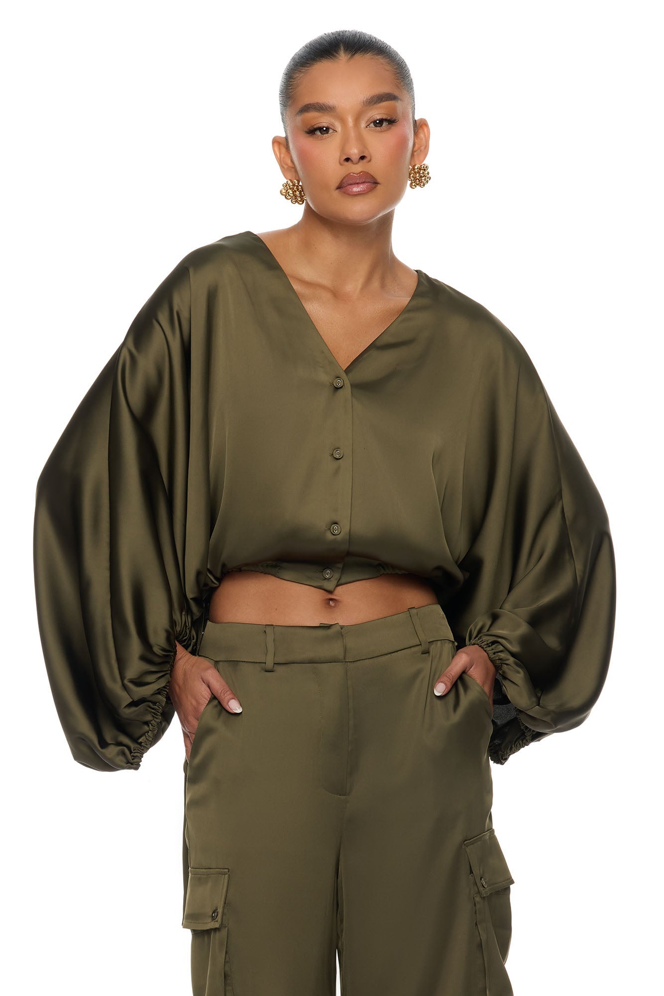 Priya Cargo Satin Pant Set - Olive