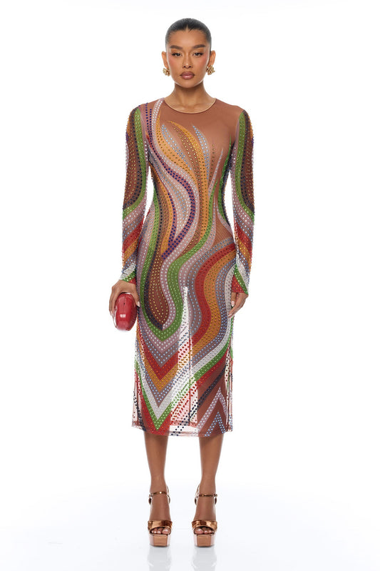 Zarah Long Sleeve Rhinestone Midi Dress - Multi Color
