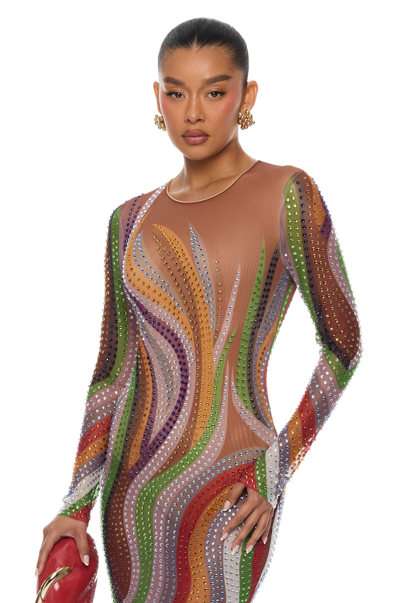 Zarah Long Sleeve Rhinestone Midi Dress - Multi Color
