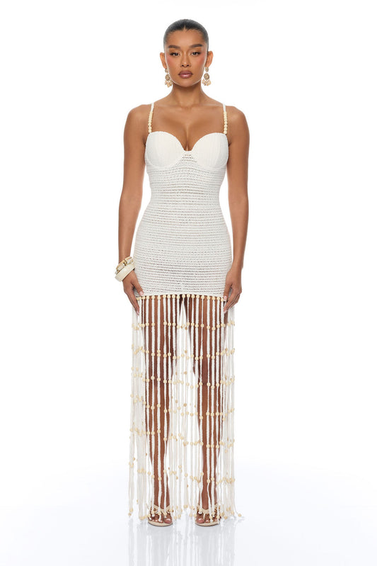 Living Life Fringe Crochet Maxi Dress - Cream
