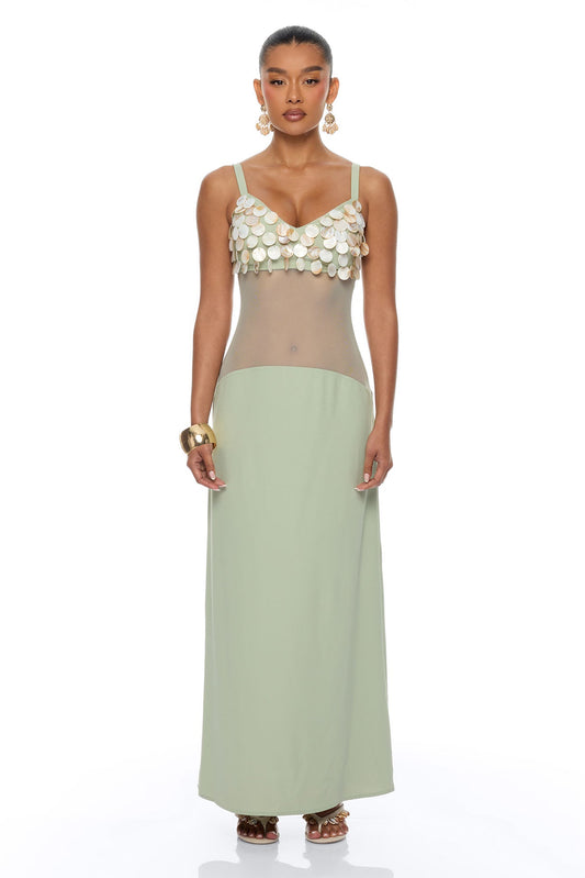 Coastal Chic Shell Maxi Dress - Sage