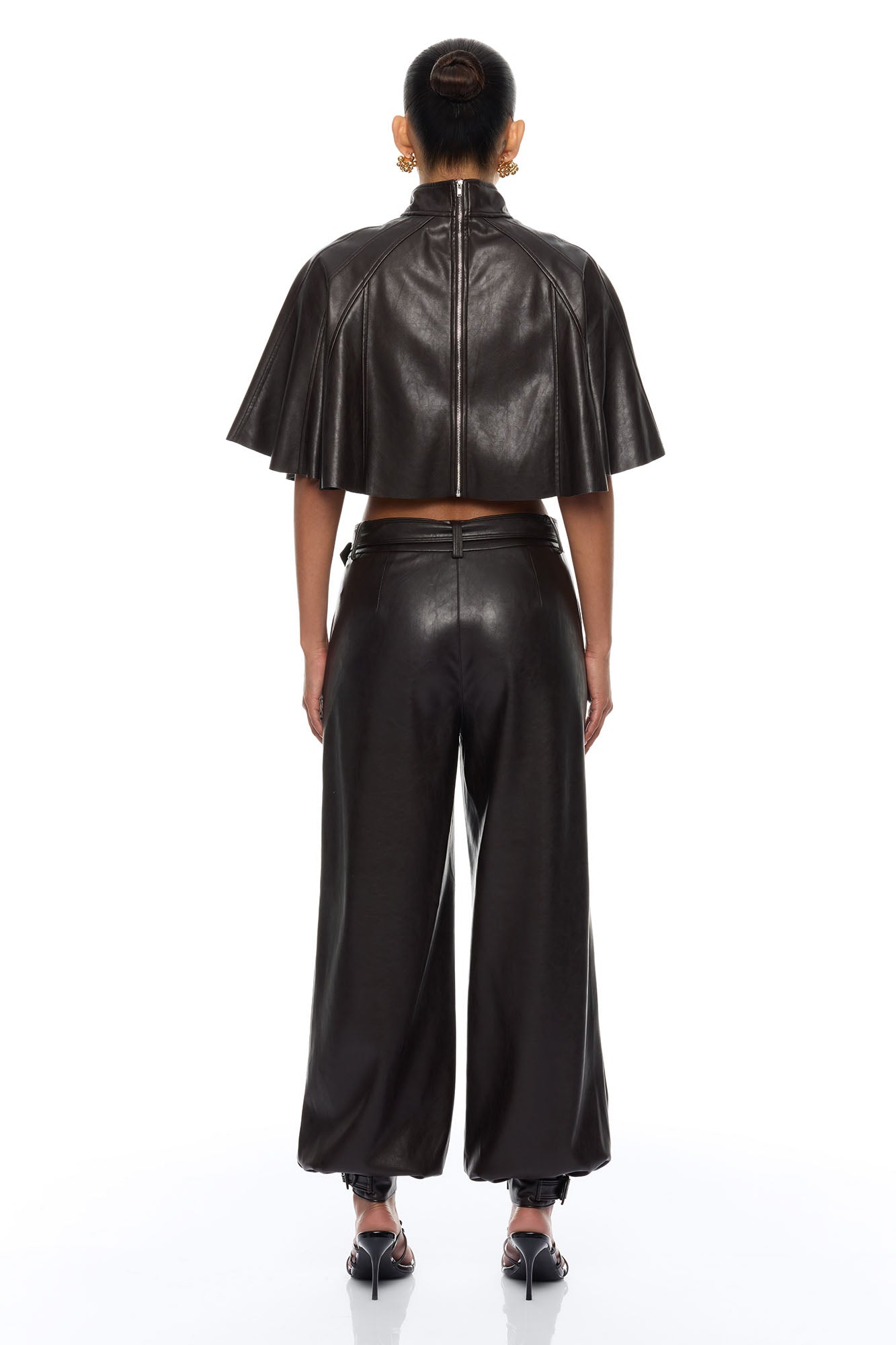 City Streets Faux Leather Balloon Pant Set - Chocolate