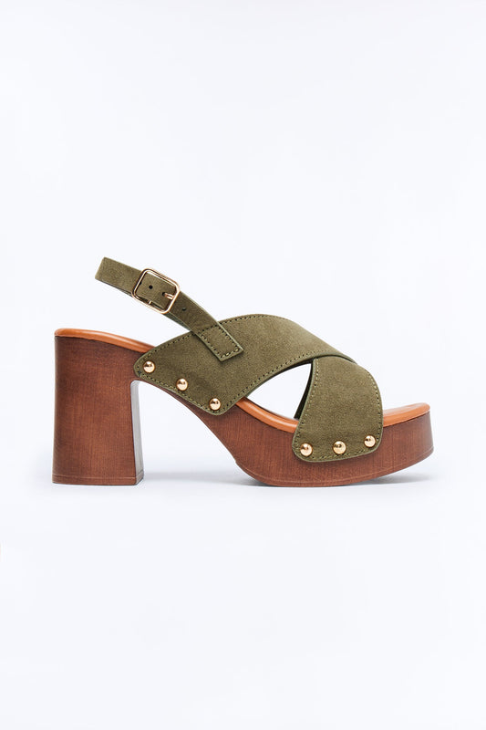 Adva Wood Platform Slingback Heels - Olive