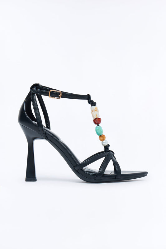 Evangelene Beaded Ankle Strap Heels - Black