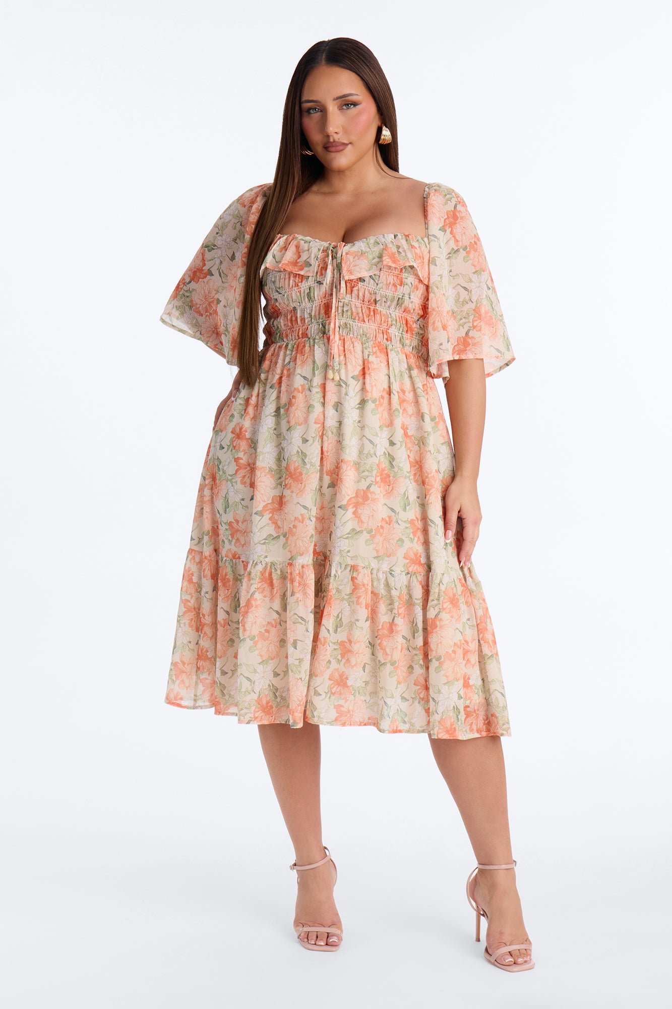 Christina Floral Chiffon Midi Dress - Orange/combo