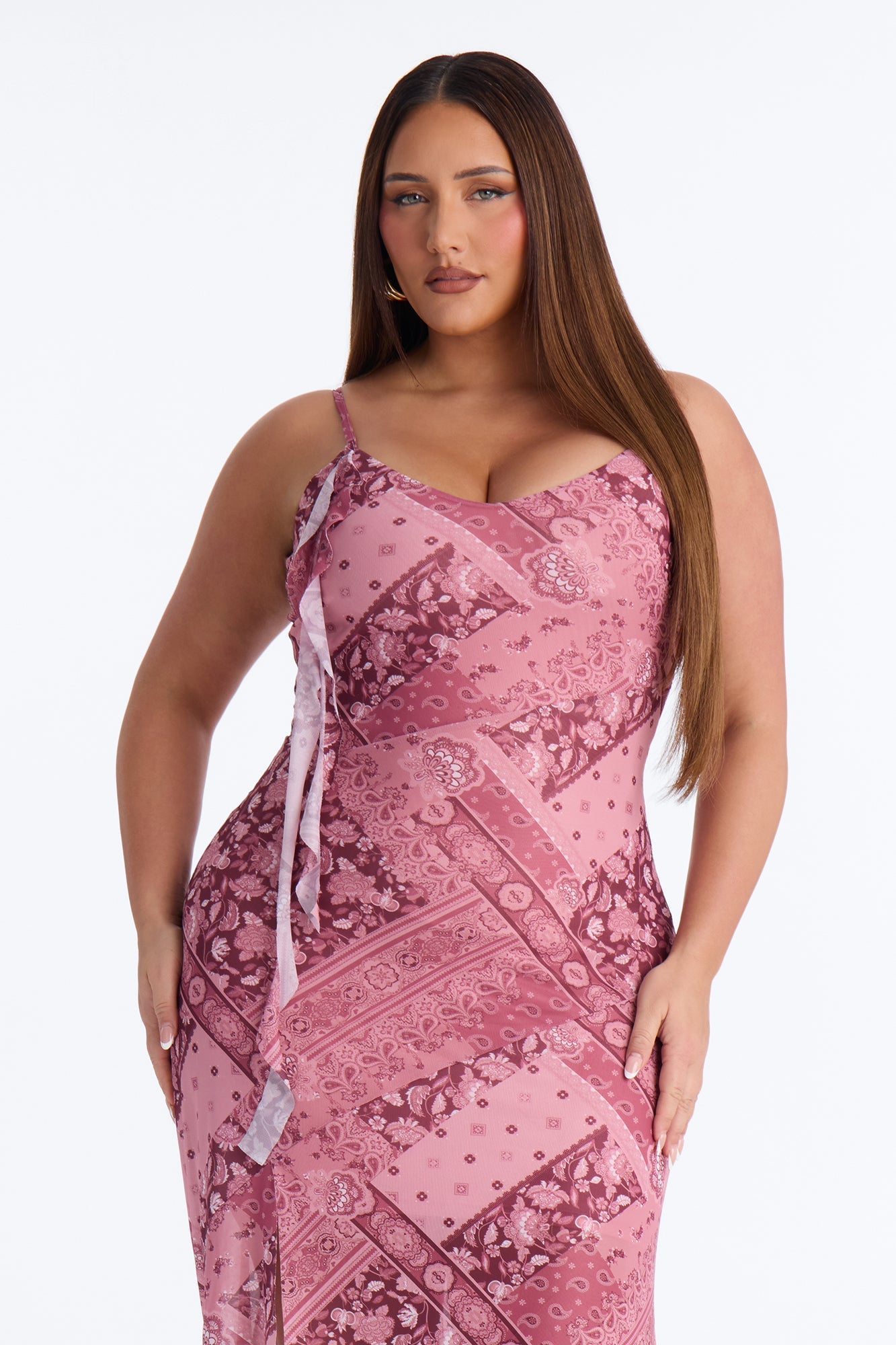 Harper Patchwork Mesh Midi Dress - Burgundy Fashion Nova