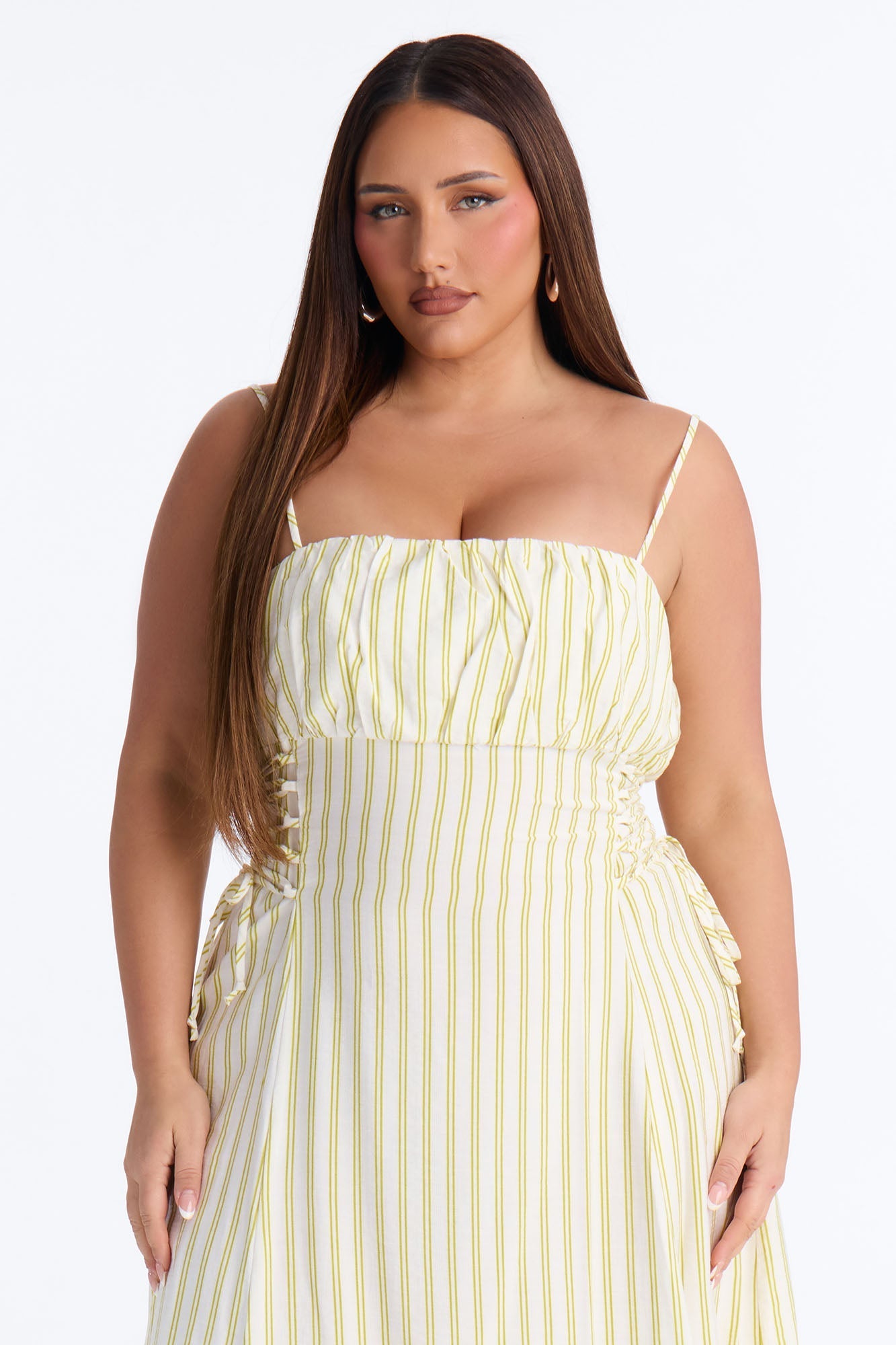 Claire Lace Up Pinstripe Midi Dress - Sage/combo Fashion Nova