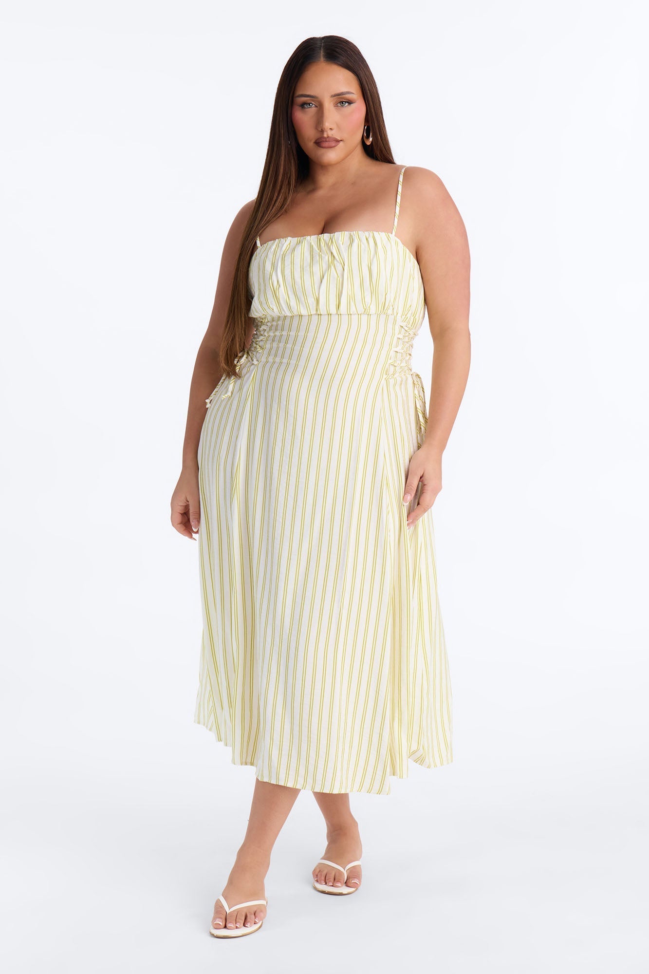 Claire Lace Up Pinstripe Midi Dress - Sage/combo Fashion Nova