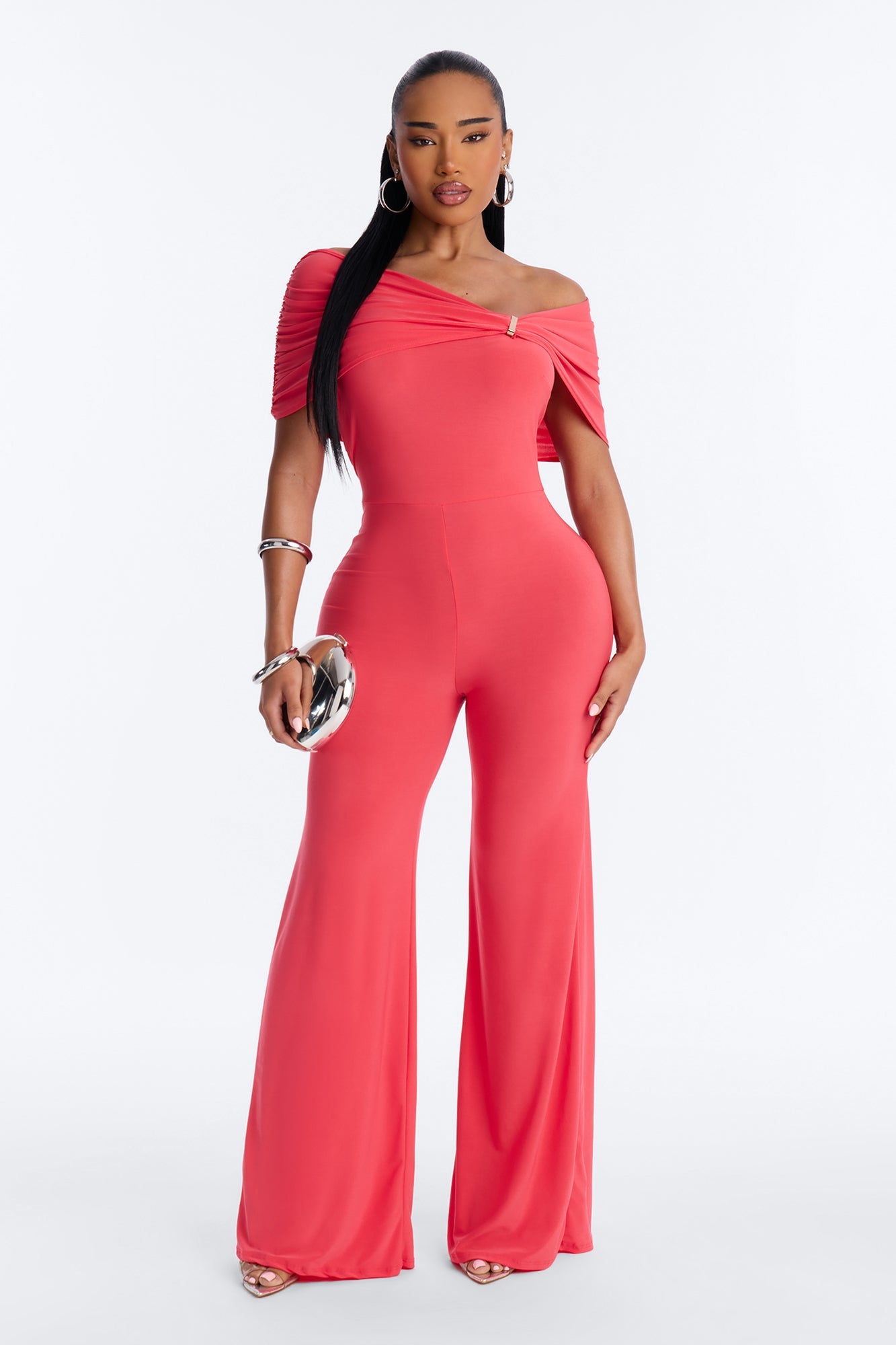 Inez Draped Wide Leg Jumpsuit - Coral