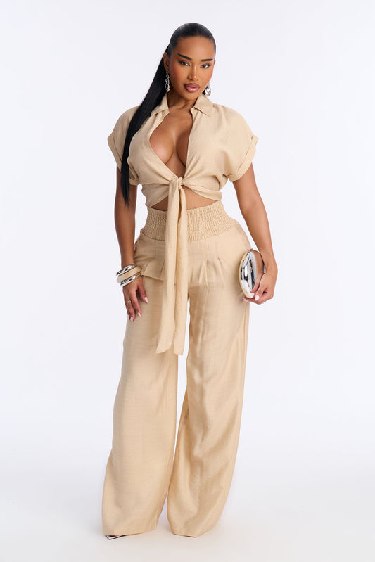 Elena Linen Wide Leg Pant Set - Natural