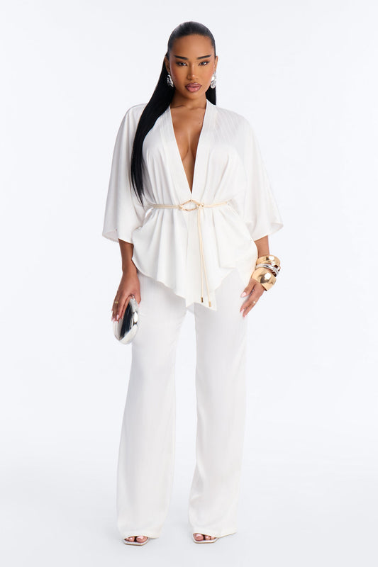 Draped In Elegance Satin 3 Piece Pant Set - Ivory