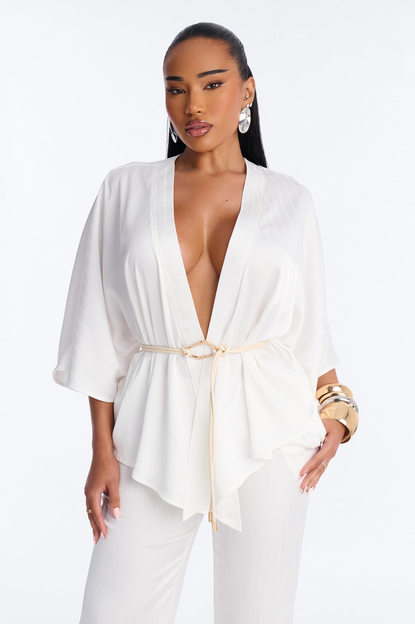 Draped In Elegance Satin 3 Piece Pant Set - Ivory