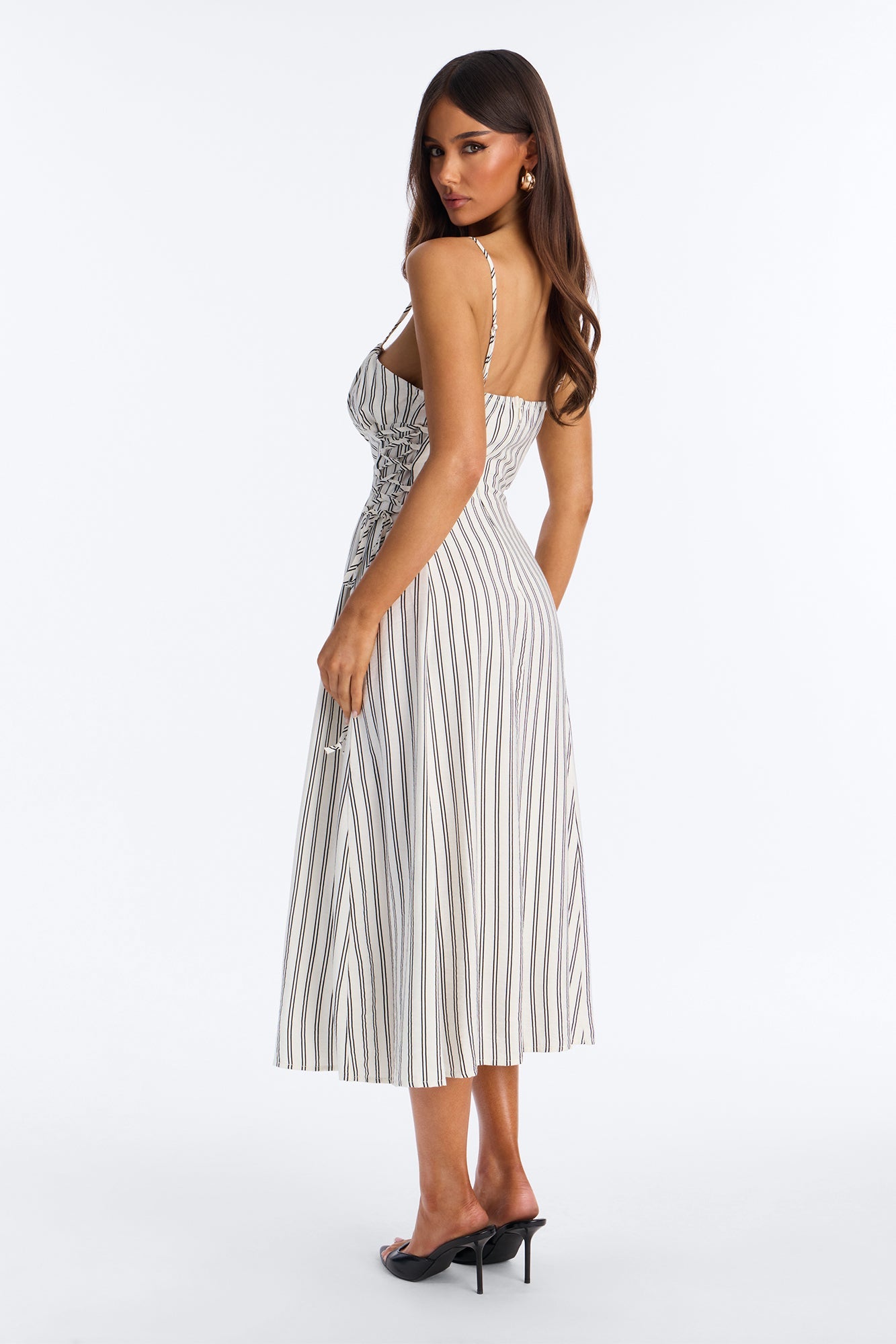 Claire Lace Up Pinstripe Midi Dress - White/combo