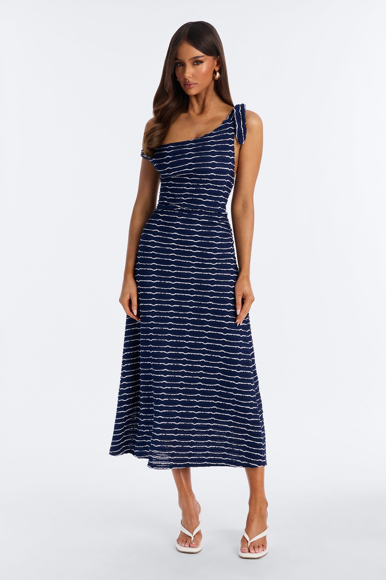 Crystal Striped Textured Midi Dress - Navy/combo