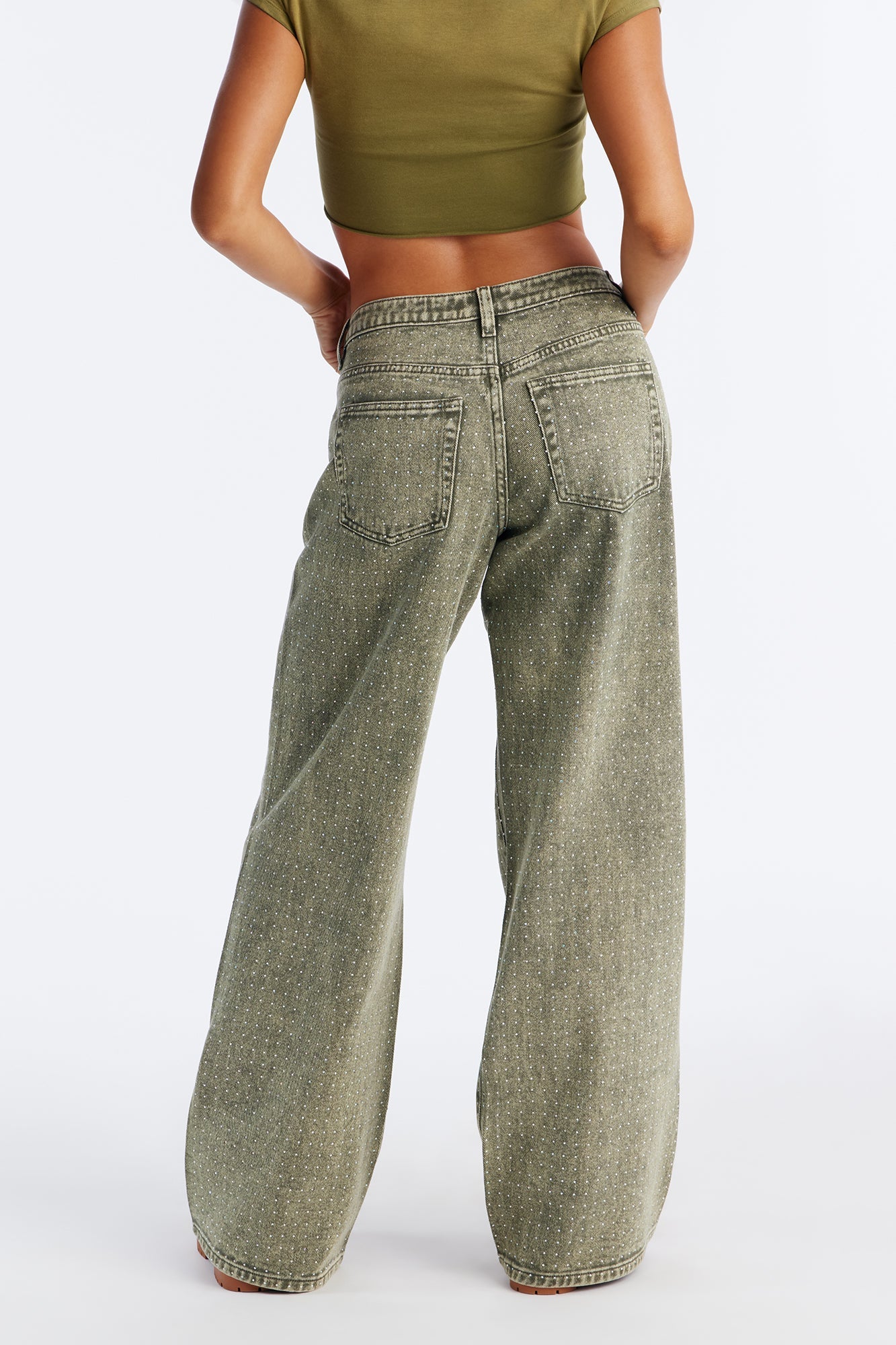 Dazzling Days Low Rise Washed Embellished Pant - Olive