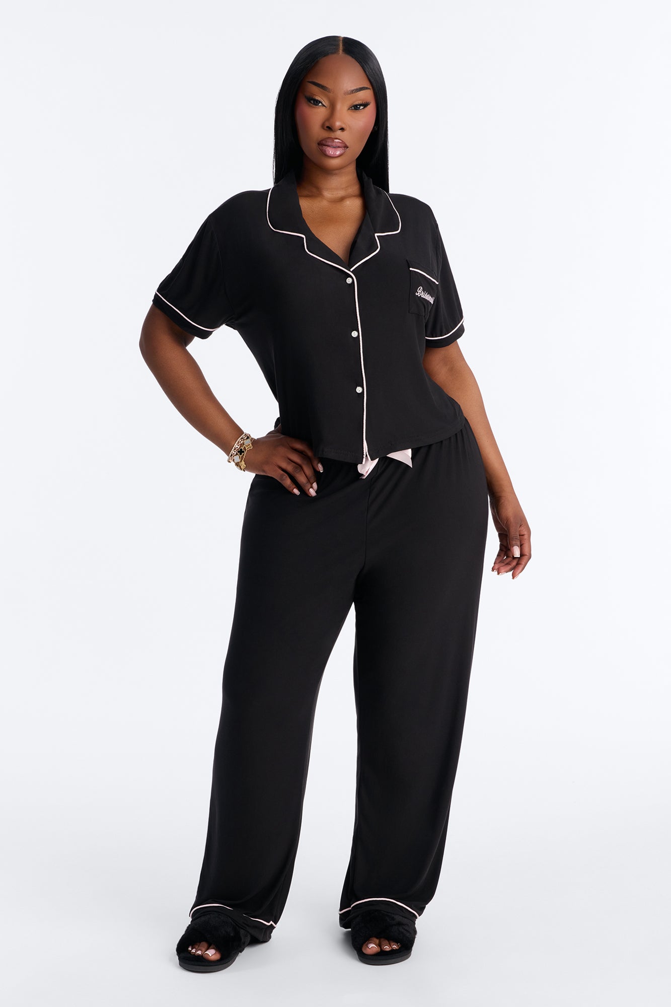 Bridesmaid Time Notch Collar PJ Pant Set - Black/Pink