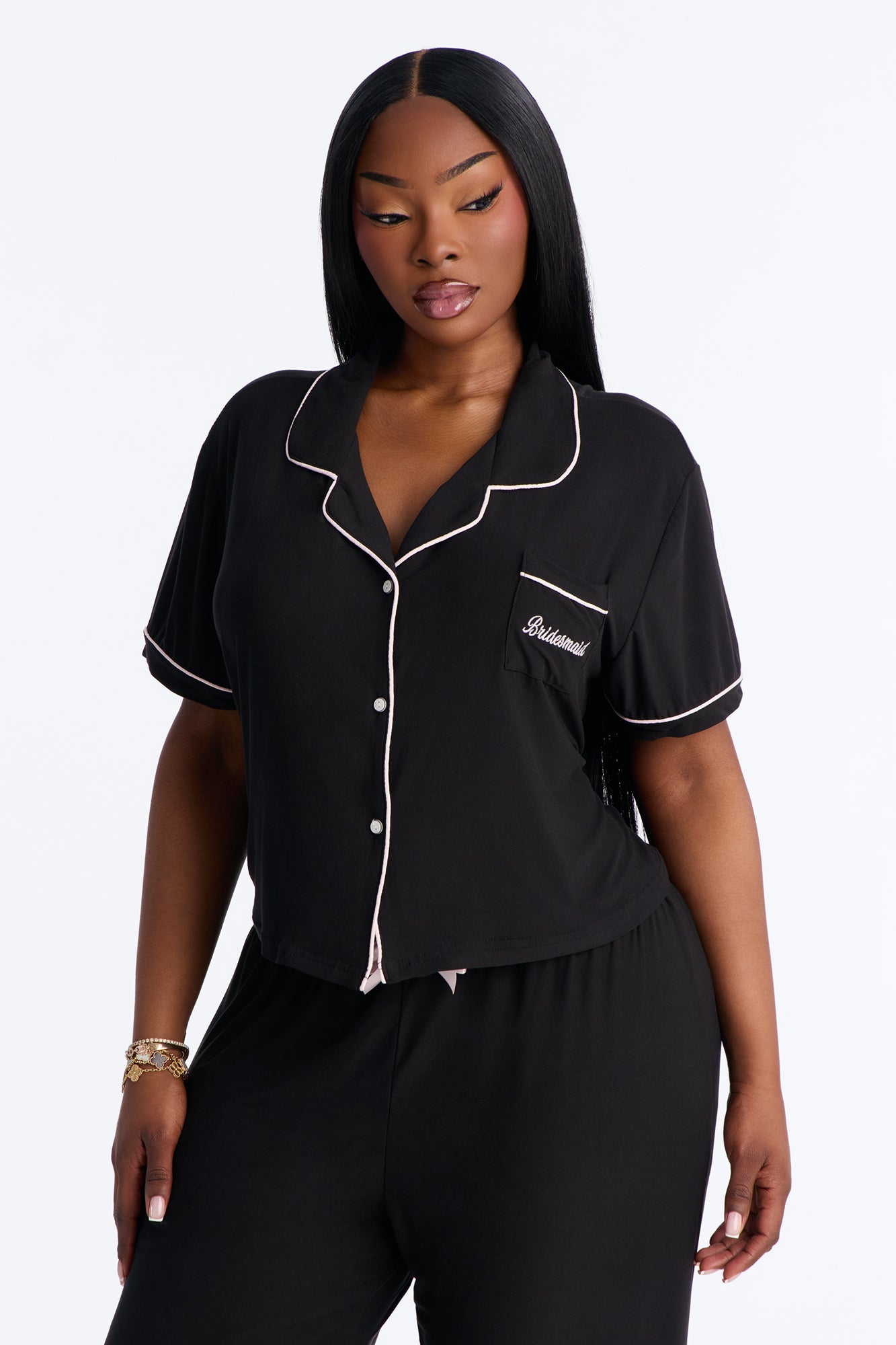 Bridesmaid Time Notch Collar PJ Pant Set - Black/Pink