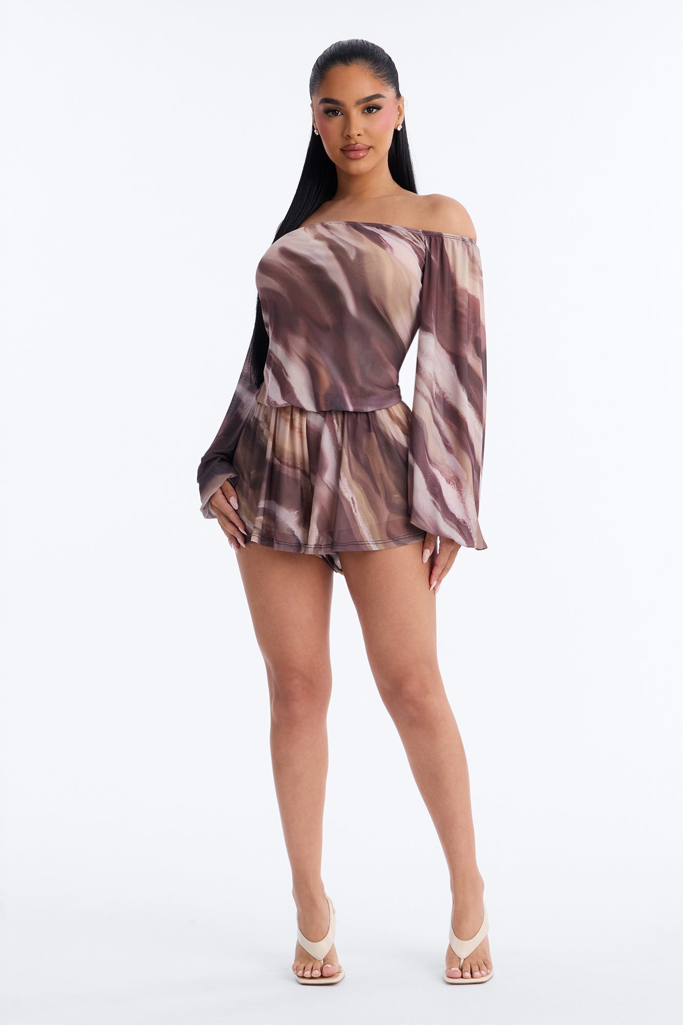 Rana Mesh Off Shoulder Romper - Brown